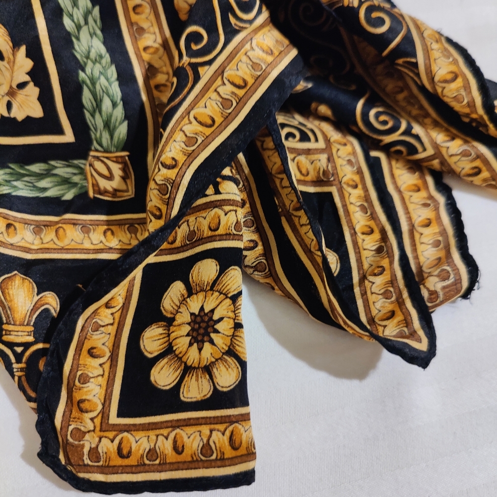 Rose Floral Baroque Square Silk Scarf with Gold Motif Border, 30"x31" - Picture 9 of 11